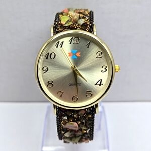 Womens Canyon Sky Southwestern Pink Green Stone Gold Tone Watch Leather Runs